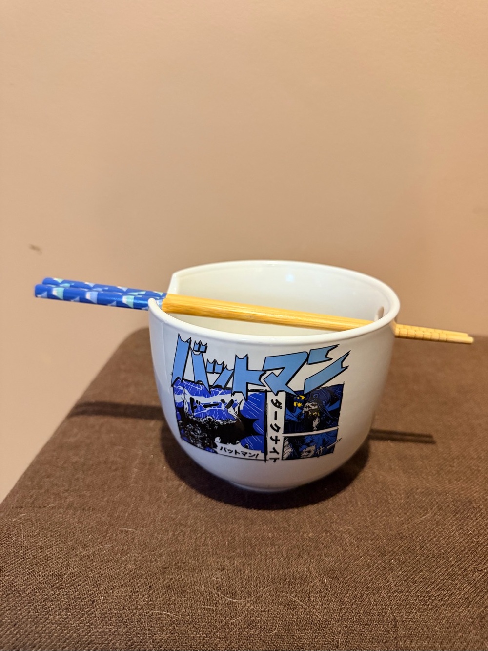 DC Comics Blue Batman Japanese Manga-Style Graphic Ceramic Bowl with Chopsticks